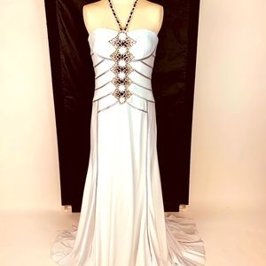 Tony Bowls White Evening Gown with blue stones